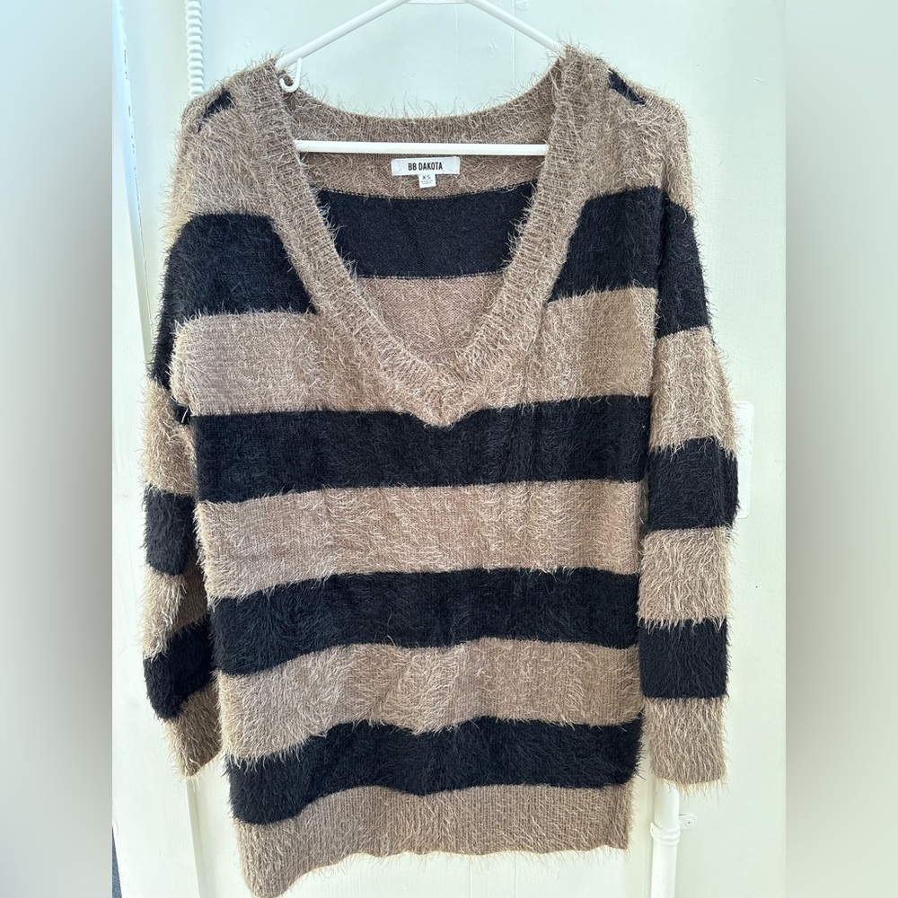 BB Dakota Fuzzy Striped V-Neck Sweater - Black and Tan
